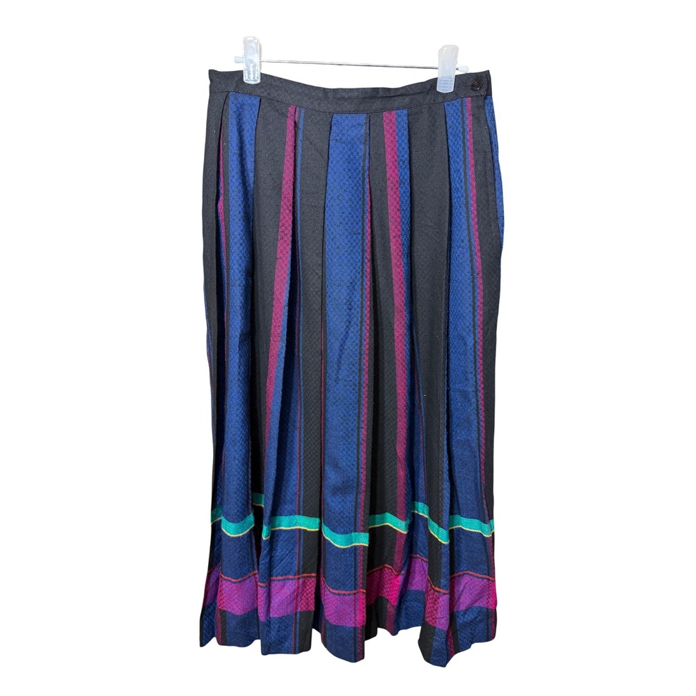 Rafaella Vintage Made in Italy Wool Blend Pleated Plaid Midi Skirt Black Blue 10